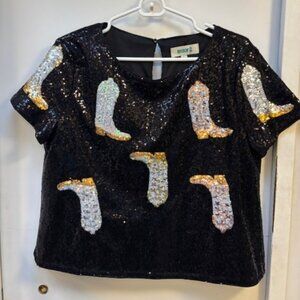 Black & Multi-Sequin Boots Short Sleeve Top